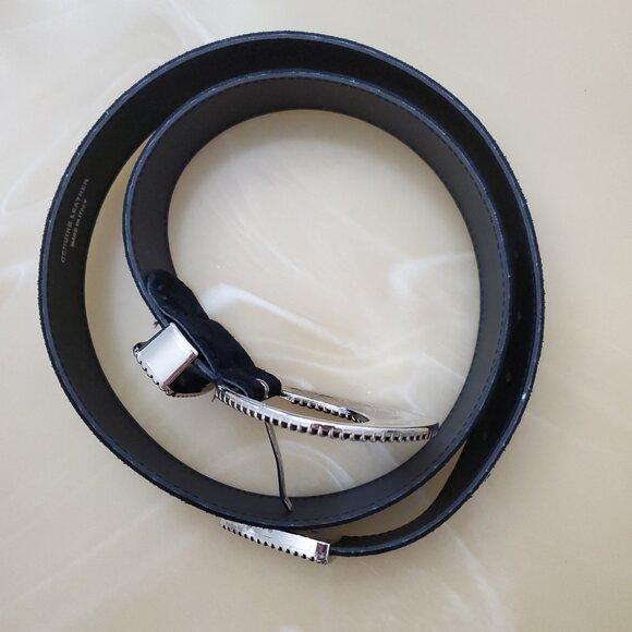 Genuine Italian Leather Belt Bling Buckle Rhinestones Silver Tone Hardware - Picture 8 of 15